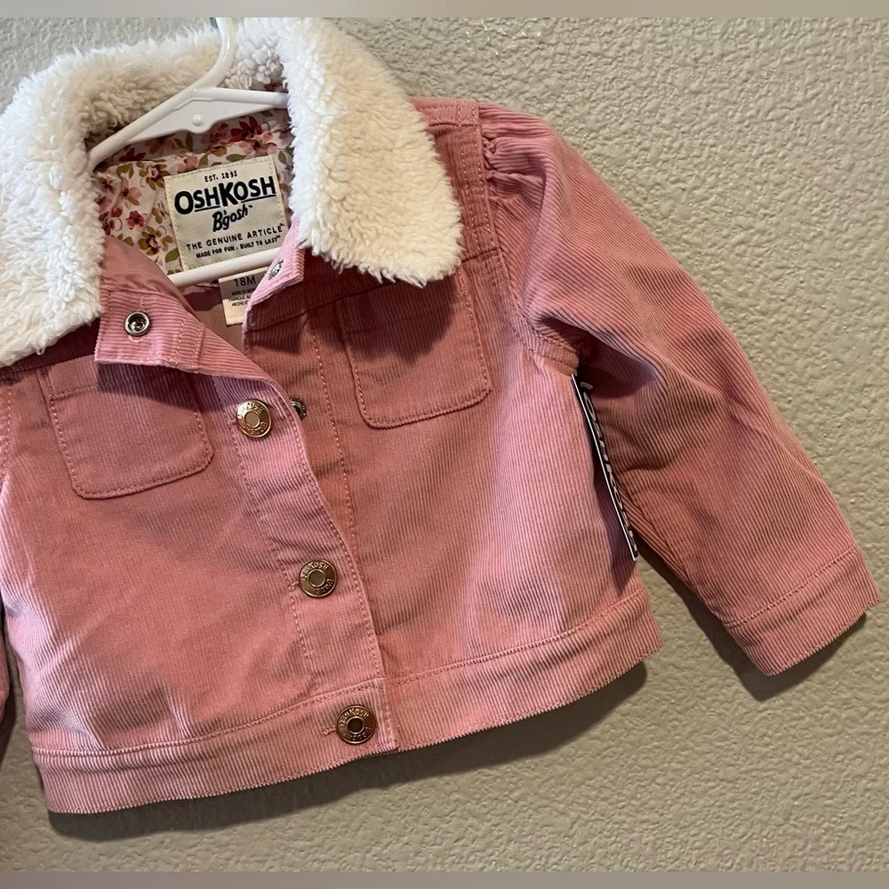 Oshkosh Bgosh Baby Girl Corduroy Sherpa Collar Pink Jacket Size 18 Months